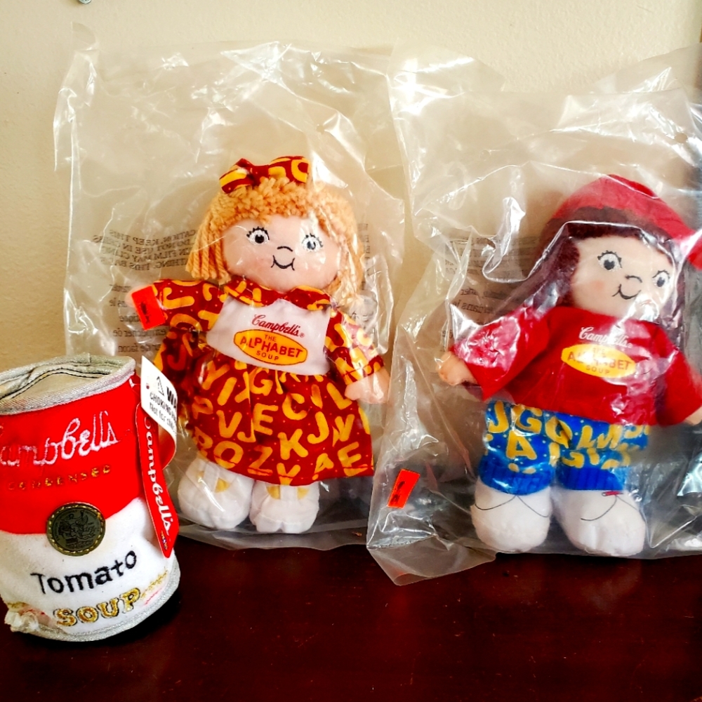 NWT Campbell's Soup Kids Plush Lot. 2001. Alphabet Kids and Soup Can.